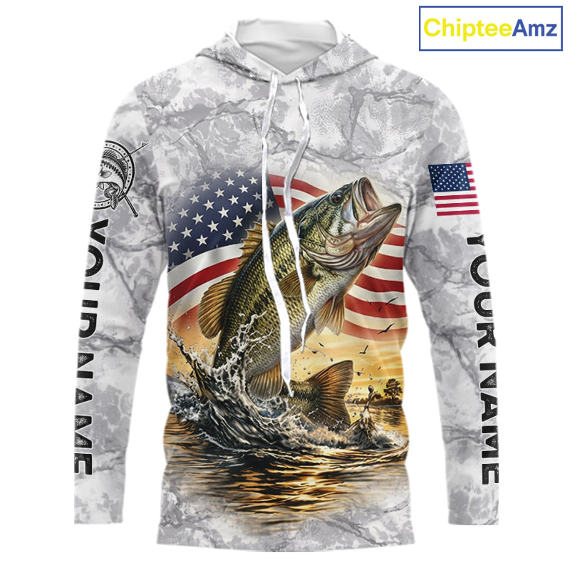Largemouth Bass Fishing American Flag Long Sleeve Hooded Tournament Shirts, Bass Fishing League Shirt NBT1181
