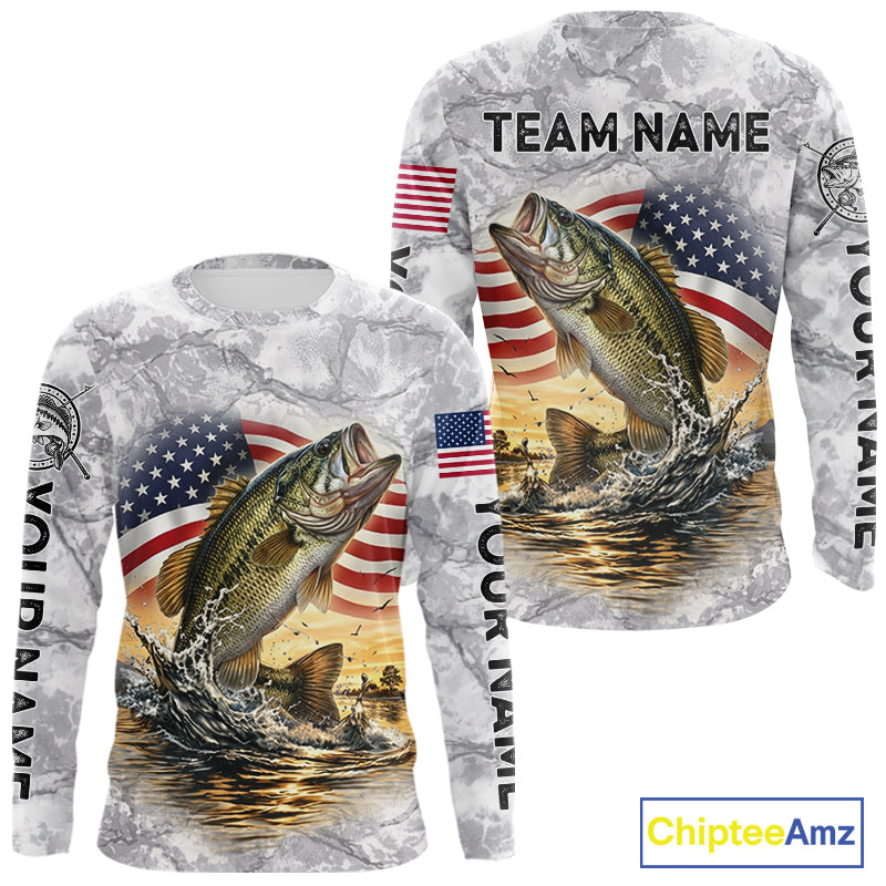 Largemouth Bass Fishing American Flag Long Sleeve Tournament Shirts, Bass Fishing League Shirt NBT1181