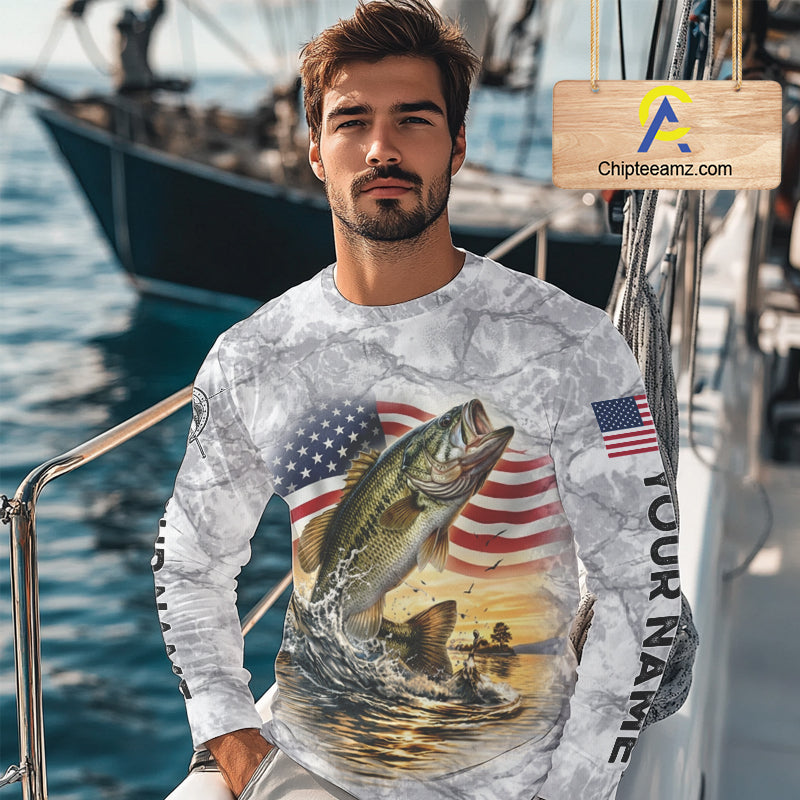 Largemouth Bass Fishing American Flag Long Sleeve Tournament Shirts, Bass Fishing League Shirt NBT1181