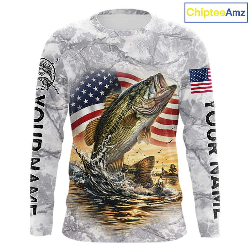 Largemouth Bass Fishing American Flag Long Sleeve Tournament Shirts, Bass Fishing League Shirt NBT1181