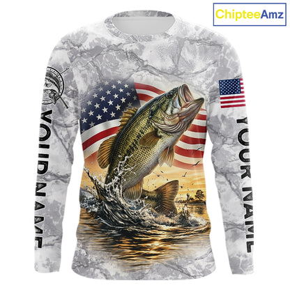 Largemouth Bass Fishing American Flag Long Sleeve Tournament Shirts, Bass Fishing League Shirt NBT1181