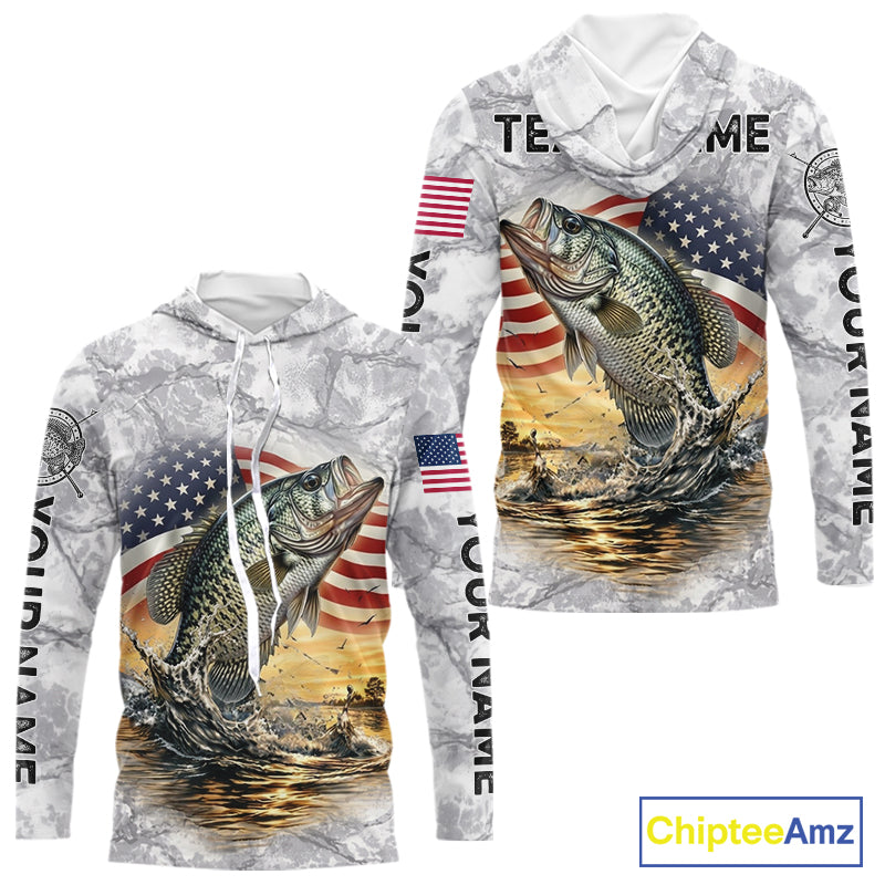 Crappie Fishing American Flag Long Sleeve Hooded Tournament Shirts, Crappie Fishing League Shirt NBT1182