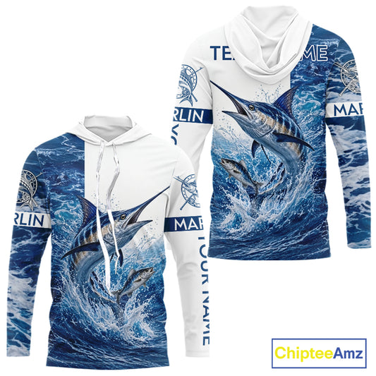 Custom Marlin Fishing Camo Fishing Shirts Long Sleeve Hooded, Personalized Marlin Fishing Team Jerseys NBT1189