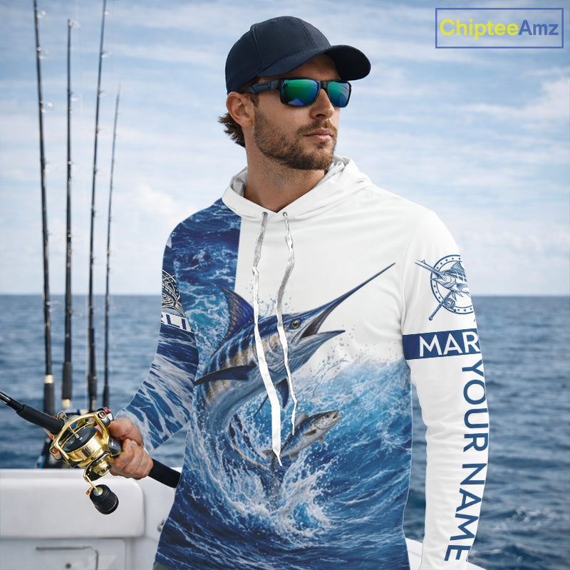 Custom Marlin Fishing Camo Fishing Shirts Long Sleeve Hooded, Personalized Marlin Fishing Team Jerseys NBT1189