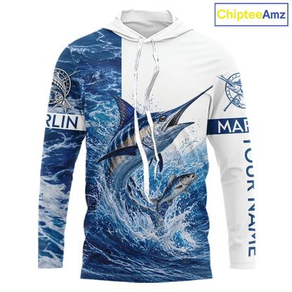 Custom Marlin Fishing Camo Fishing Shirts Long Sleeve Hooded, Personalized Marlin Fishing Team Jerseys NBT1189