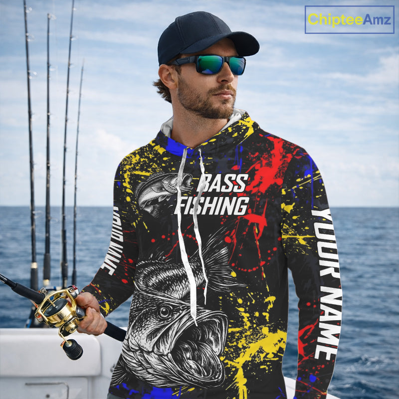 Colorful Paint Tattoo Bass Fishing Shirts Long Sleeve With Hood, Bass Fishing Jerseys NBT431