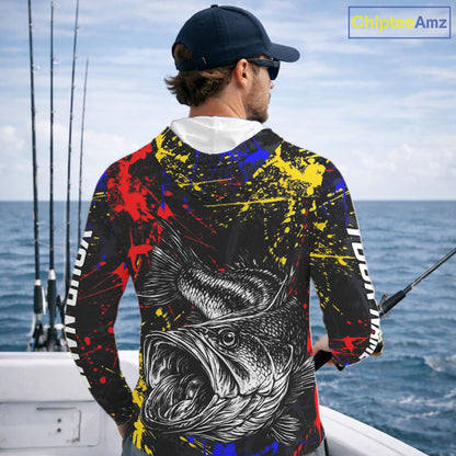 Colorful Paint Tattoo Bass Fishing Shirts Long Sleeve With Hood, Bass Fishing Jerseys NBT431