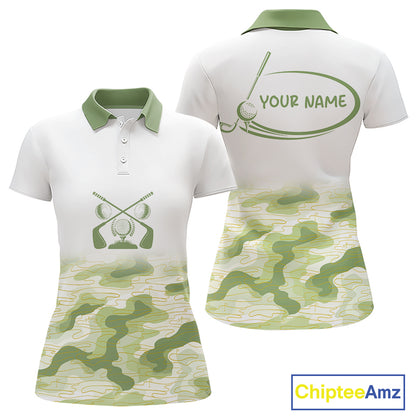 Green And White Camo Womens Golf Polo Shirts Customized Camouflage Golf Shirts For Ladies, Golfer Gifts NBT510