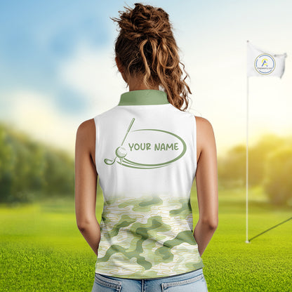 Green And White Camo Womens Sleeveless Golf Polo Shirts Customized Camouflage Golf Shirts For Women, Golfer Gifts NBT510
