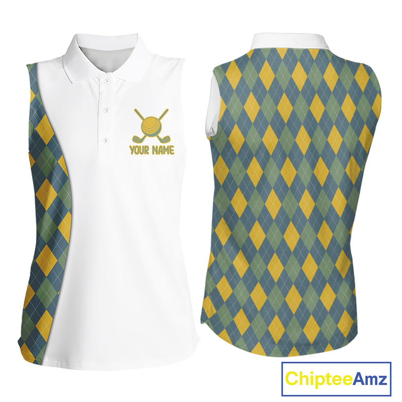 Sleeveless Golf Polo Shirts For Women Custom Argyle Plaid Pattern Golf Shirts, Gift For Golf Lovers NBT513