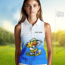 Load image into Gallery viewer, Funny Duck Sleeveless Golf Polo Shirt For Womens, Cute Duck With Beer Print Shirt, Sporty Animal Golf Gift|Blue NBT622