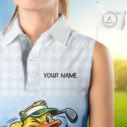 Funny Duck Sleeveless Golf Polo Shirt For Womens, Cute Duck With Beer Print Shirt, Sporty Animal Golf Gift|Blue NBT622