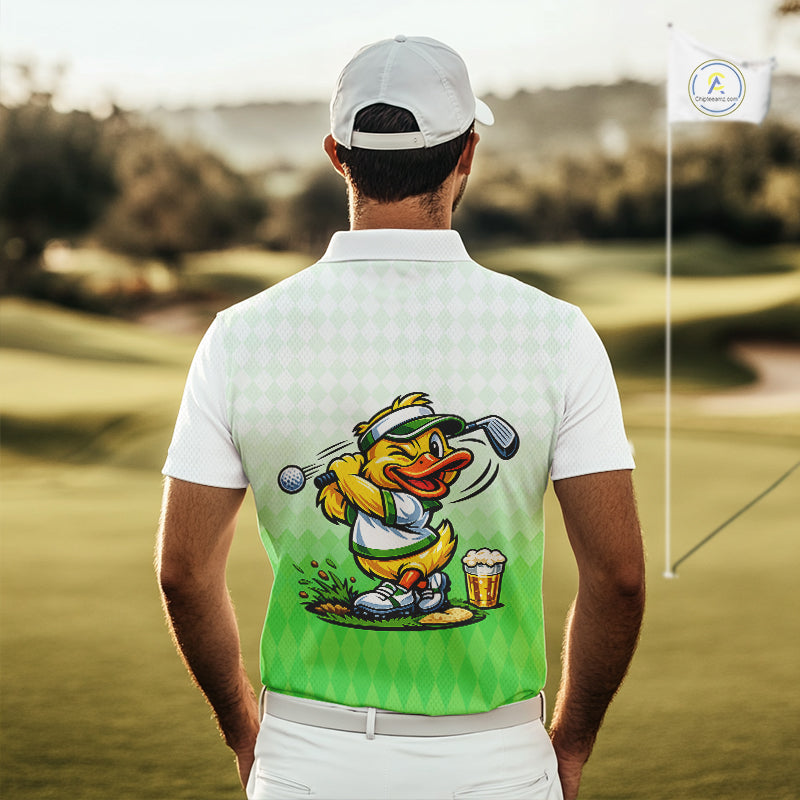 Funny Duck Golf Polo Shirt For Men, Cute Duck With Beer Print Shirt, Sporty Animal Golf Gift|Green NBT623
