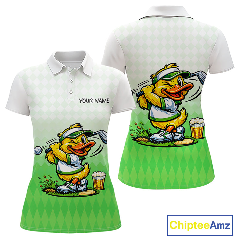 Funny Duck Golf Polo Shirt For Womens, Cute Duck With Beer Print Shirt, Sporty Animal Golf Gift|Green NBT623