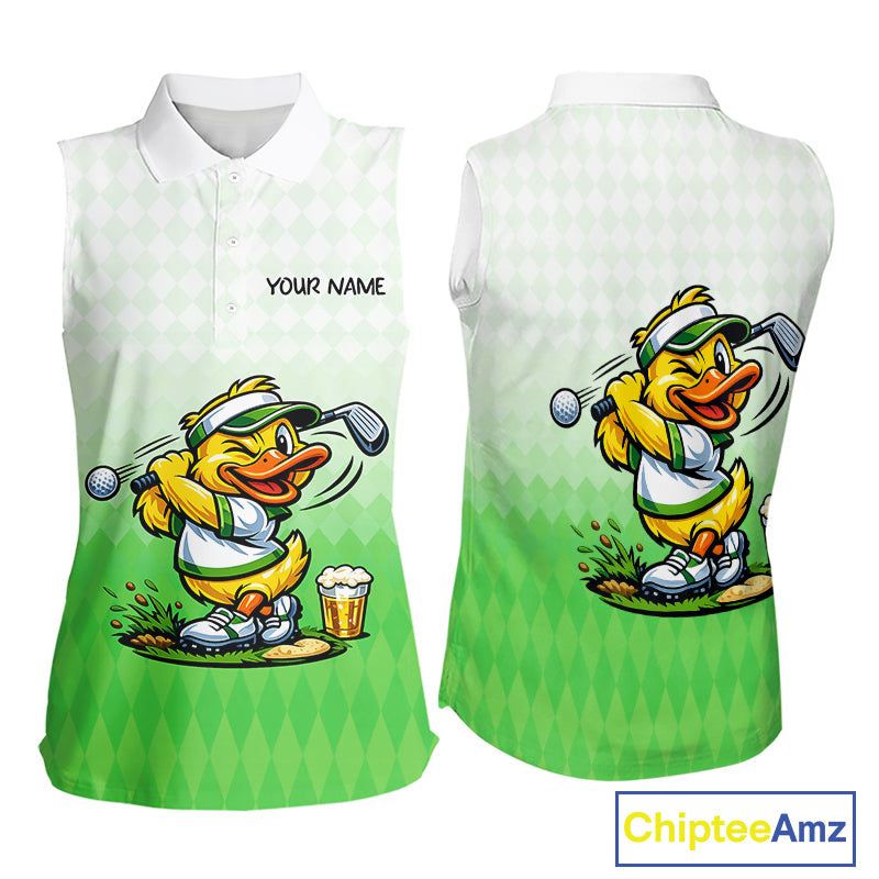 Funny Duck Sleeveless Golf Polo Shirt For Womens, Cute Duck With Beer Print Shirt, Sporty Animal Golf Gift|Green NBT623
