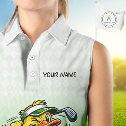 Funny Duck Sleeveless Golf Polo Shirt For Womens, Cute Duck With Beer Print Shirt, Sporty Animal Golf Gift|Green NBT623