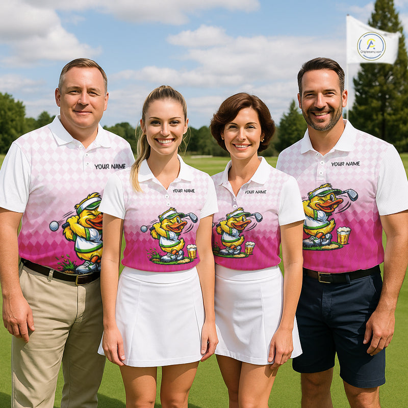 Funny Duck Golf Polo Shirt For Men, Cute Duck With Beer Print Shirt, Sporty Animal Golf Gift|Pink NBT624