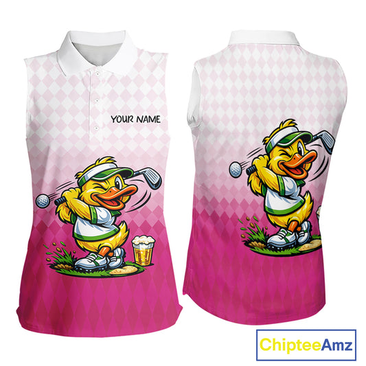 Funny Duck Sleeveless Golf Polo Shirt For Womens, Cute Duck With Beer Print Shirt, Sporty Animal Golf Gift|Pink NBT624