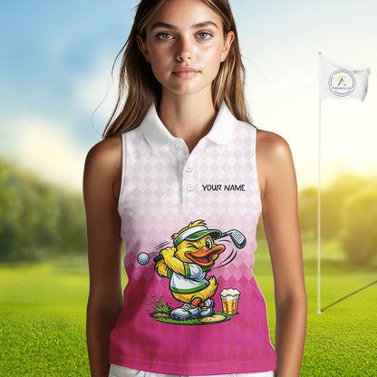 Funny Duck Sleeveless Golf Polo Shirt For Womens, Cute Duck With Beer Print Shirt, Sporty Animal Golf Gift|Pink NBT624