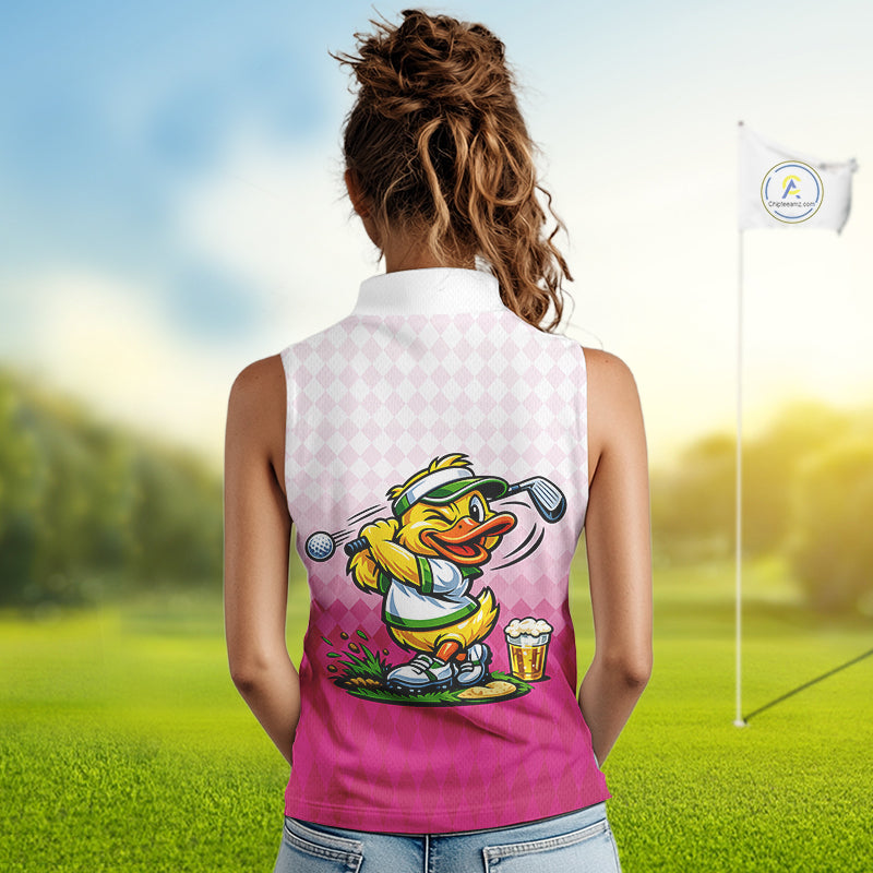 Funny Duck Sleeveless Golf Polo Shirt For Womens, Cute Duck With Beer Print Shirt, Sporty Animal Golf Gift|Pink NBT624