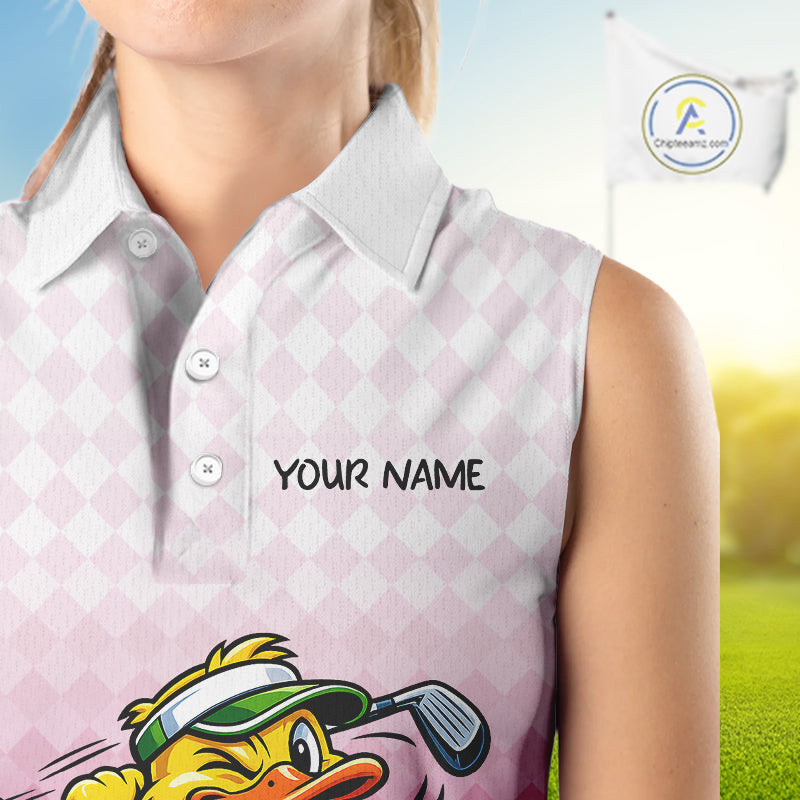 Funny Duck Sleeveless Golf Polo Shirt For Womens, Cute Duck With Beer Print Shirt, Sporty Animal Golf Gift|Pink NBT624