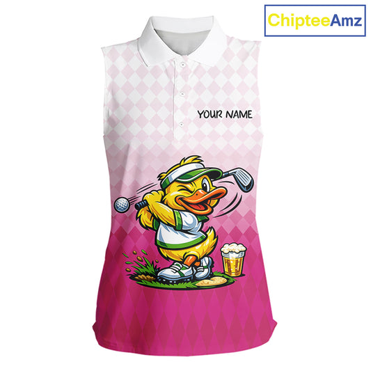 Funny Duck Sleeveless Golf Polo Shirt For Womens, Cute Duck With Beer Print Shirt, Sporty Animal Golf Gift|Pink NBT624