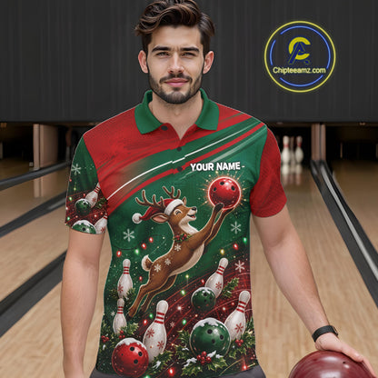 Christmas Deer Bowling Shirts For Men Custom Christmas Bowling Team Jerseys, Xmas Bowler Gift NBT1191