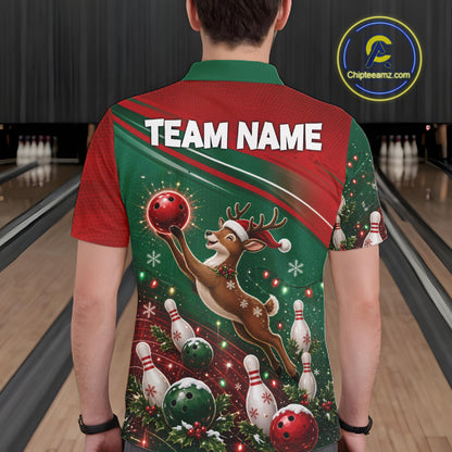 Christmas Deer Bowling Shirts For Men Custom Christmas Bowling Team Jerseys, Xmas Bowler Gift NBT1191
