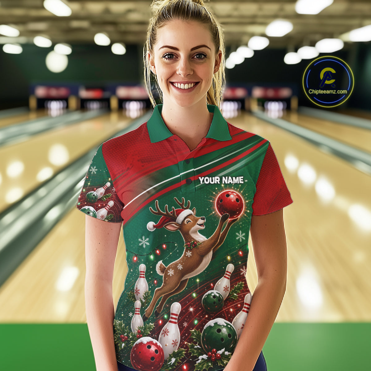 Christmas Deer Bowling Shirts For Women Custom Christmas Bowling Team Jerseys, Xmas Bowler Gift NBT1191