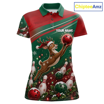 Christmas Deer Bowling Shirts For Women Custom Christmas Bowling Team Jerseys, Xmas Bowler Gift NBT1191