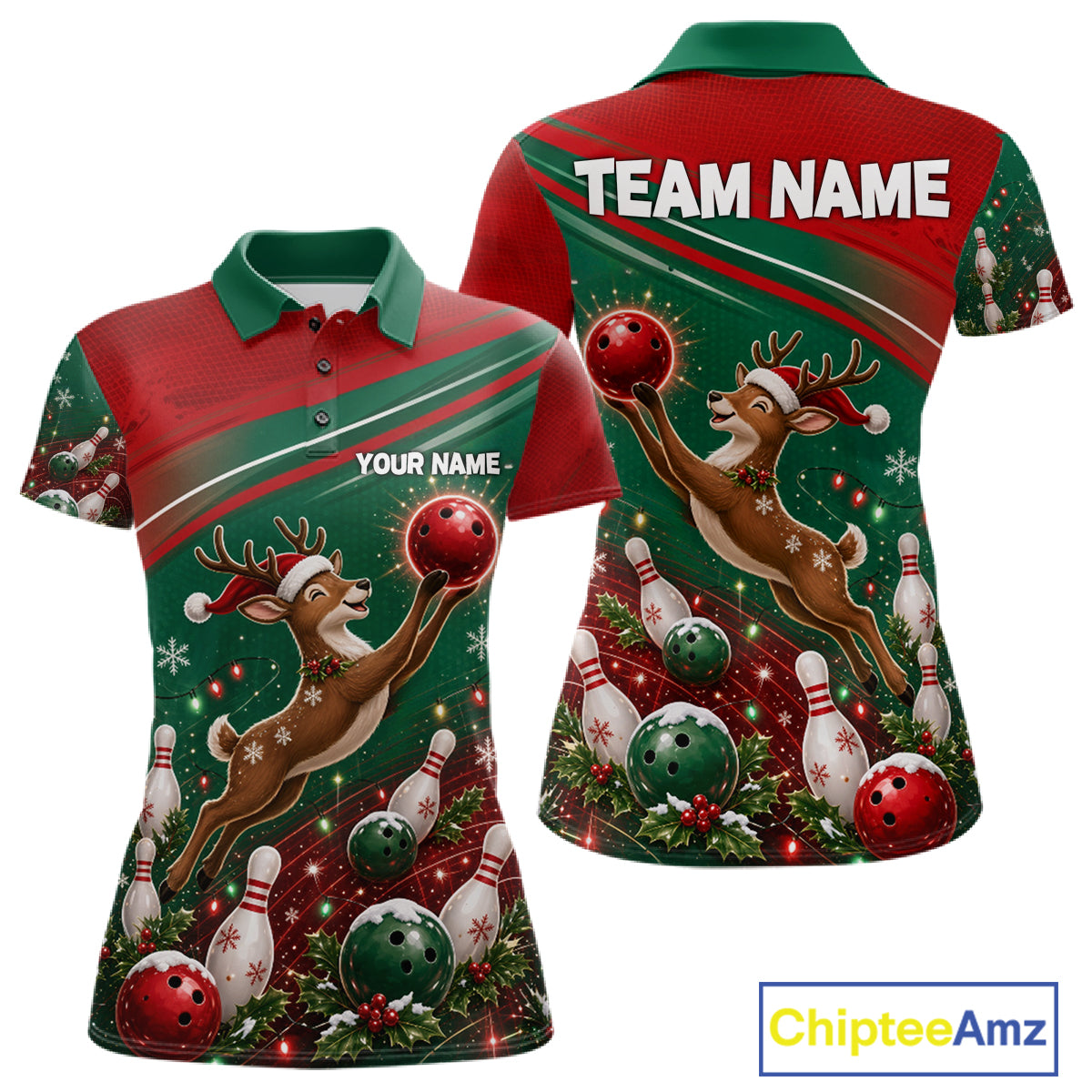 Christmas Deer Bowling Shirts For Women Custom Christmas Bowling Team Jerseys, Xmas Bowler Gift NBT1191