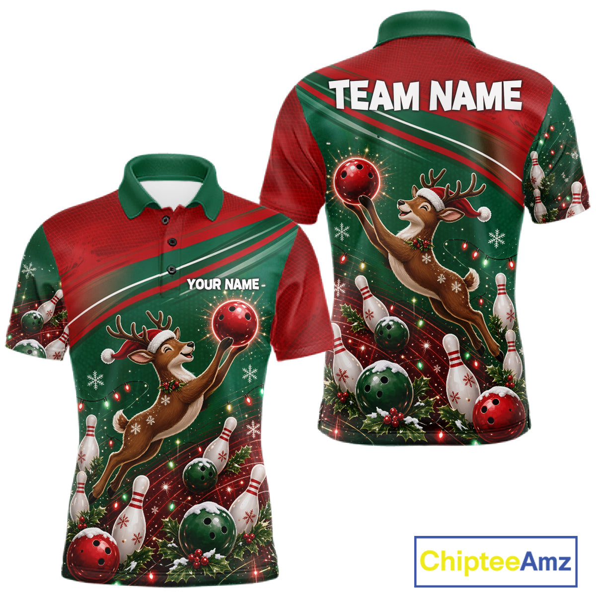 Christmas Deer Bowling Shirts For Men Custom Christmas Bowling Team Jerseys, Xmas Bowler Gift NBT1191