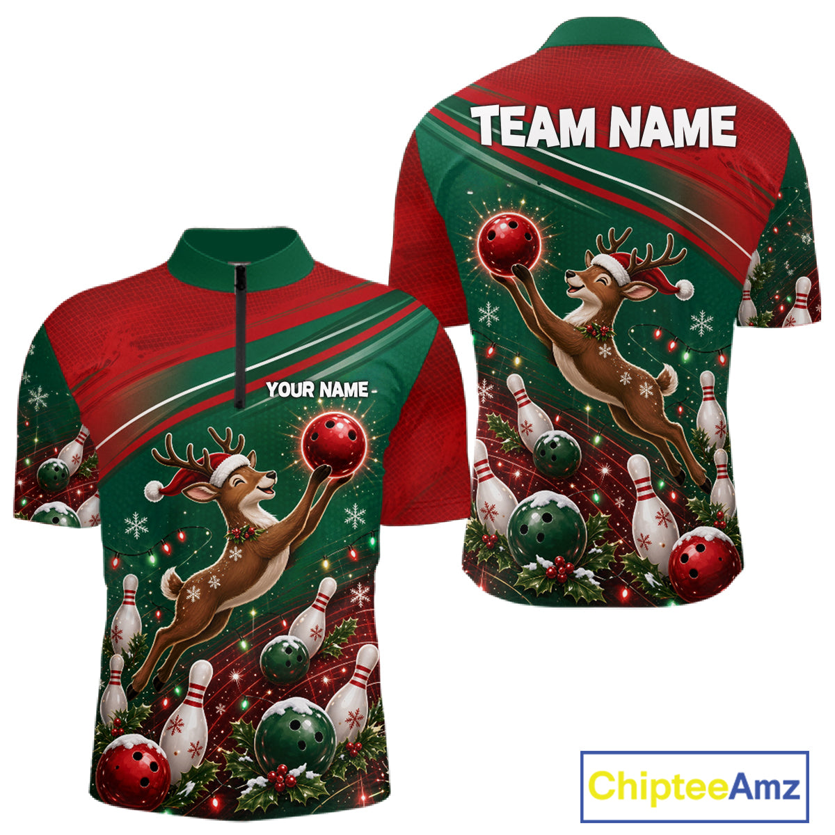 Christmas Deer Bowling Shirts For Men Custom Christmas Bowling Team Jerseys, Xmas Bowler Gift NBT1191
