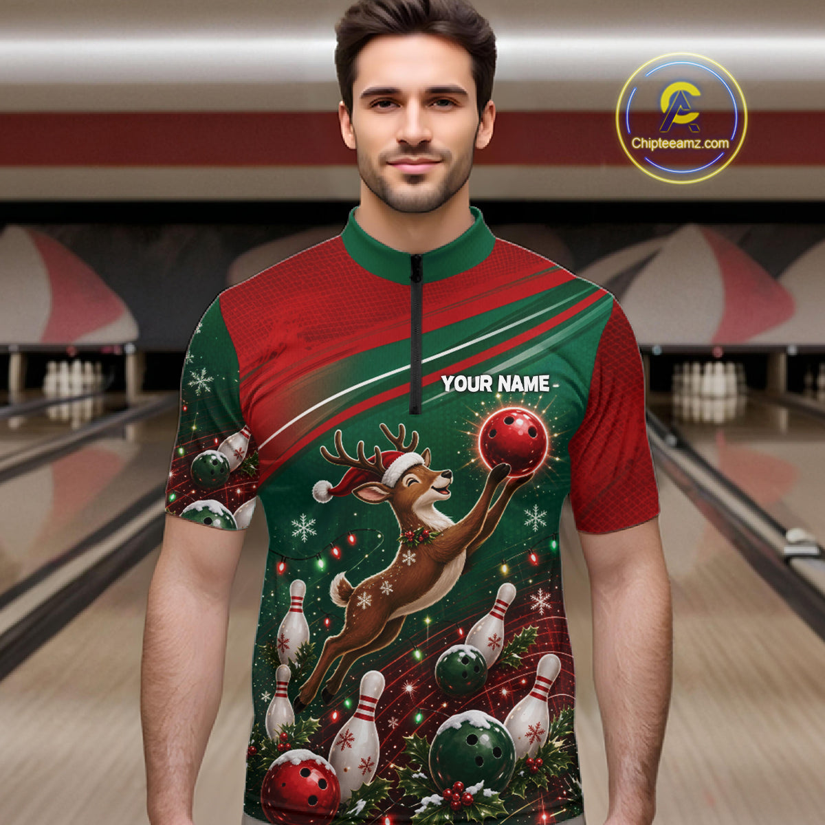 Christmas Deer Bowling Shirts For Men Custom Christmas Bowling Team Jerseys, Xmas Bowler Gift NBT1191