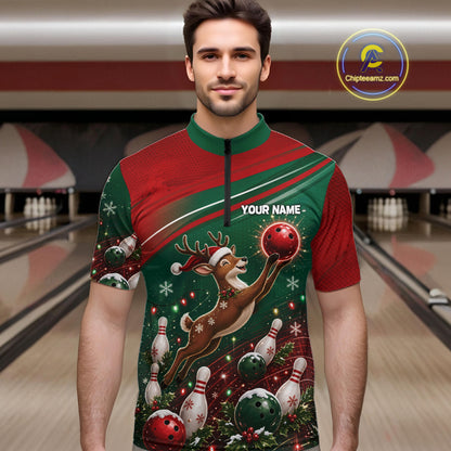 Christmas Deer Bowling Shirts For Men Custom Christmas Bowling Team Jerseys, Xmas Bowler Gift NBT1191