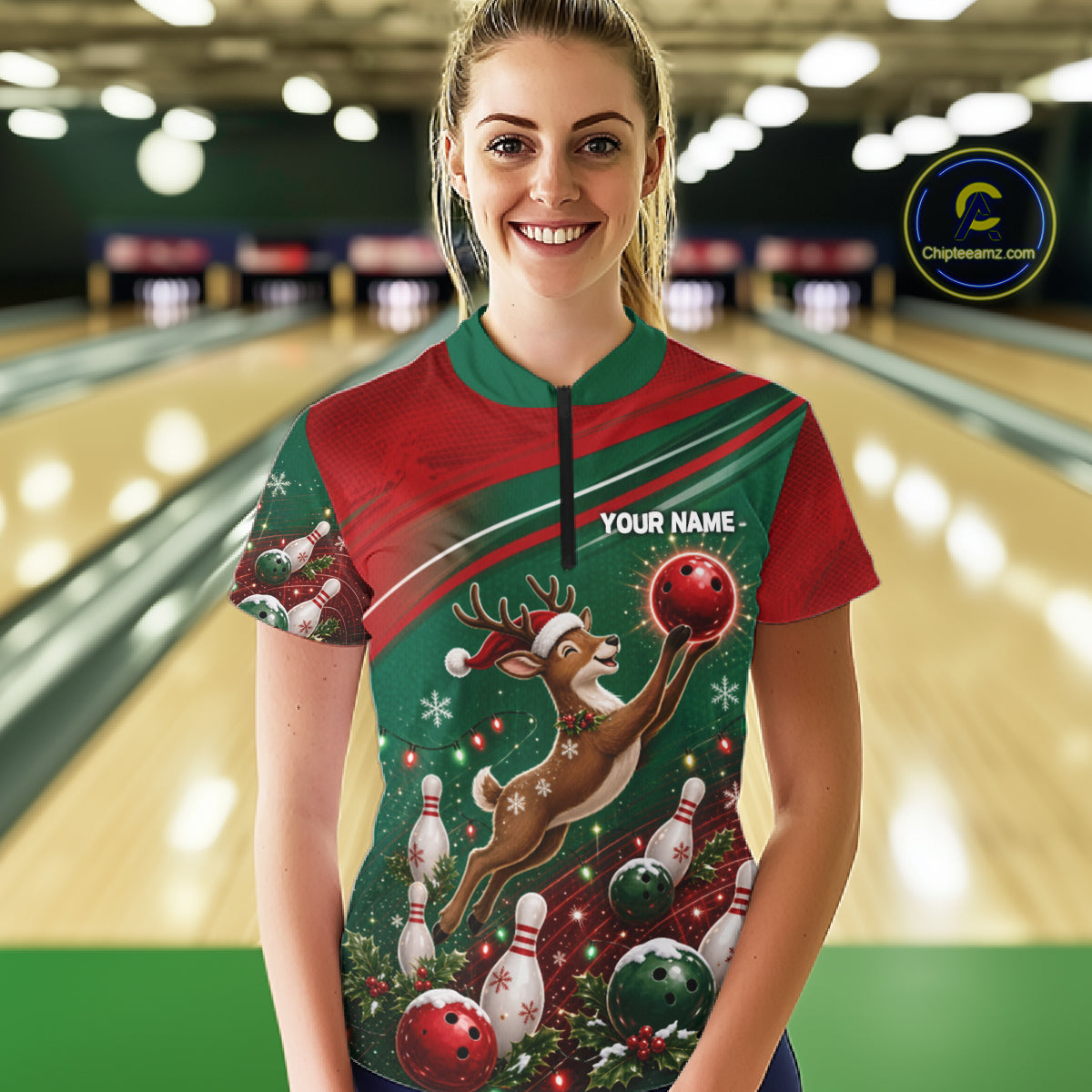 Christmas Deer Bowling Shirts For Women Custom Christmas Bowling Team Jerseys, Xmas Bowler Gift NBT1191