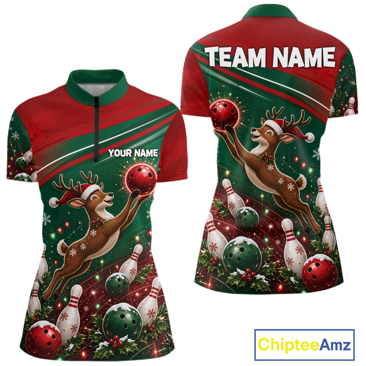 Christmas Deer Bowling Shirts For Women Custom Christmas Bowling Team Jerseys, Xmas Bowler Gift NBT1191
