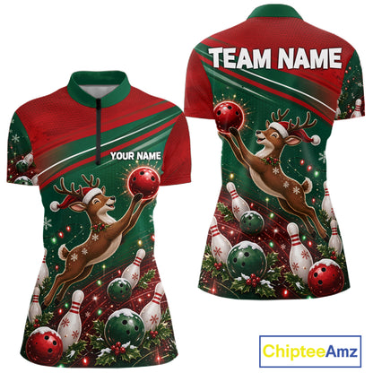 Christmas Deer Bowling Shirts For Women Custom Christmas Bowling Team Jerseys, Xmas Bowler Gift NBT1191