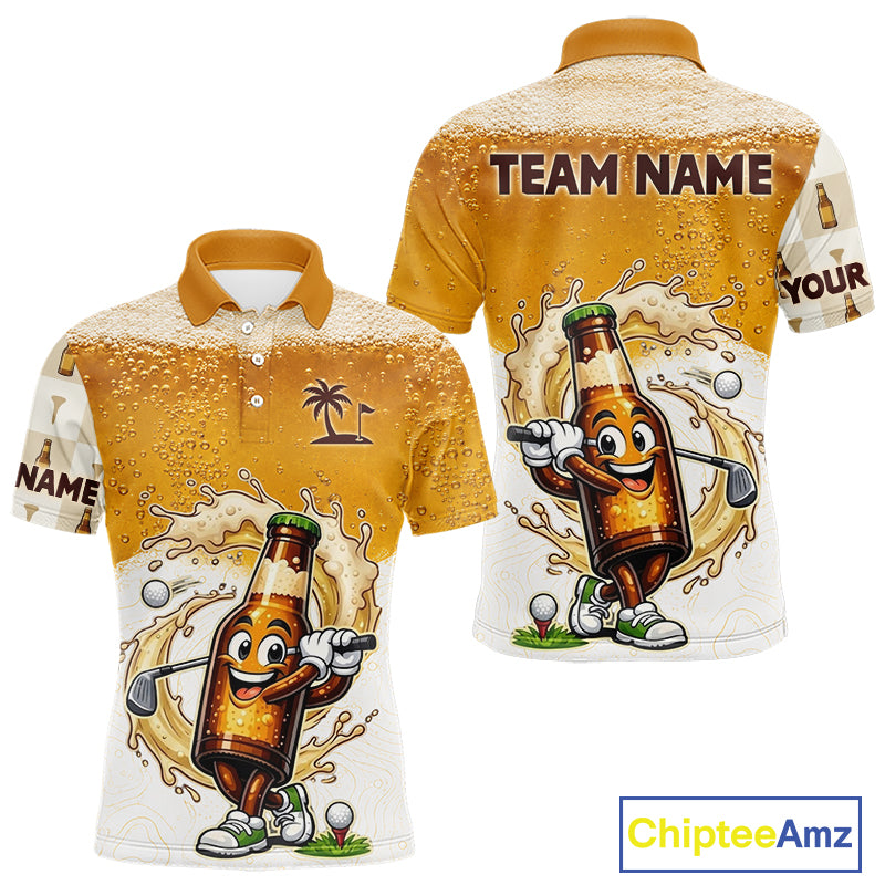 Custom beer golf polo shirt with beer bottle golfer and team name - back view