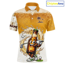 Load image into Gallery viewer, Custom beer golf polo shirt with funny beer bottle golfer design - front view