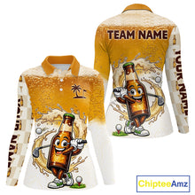 Load image into Gallery viewer, front view of womens long sleeve custom beer golf polo shirt with funny beer bottle golfer print