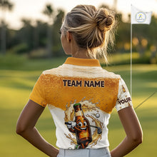 Load image into Gallery viewer, woman golfer wearing custom beer golf polo shirt with team name for beer lovers