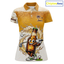 Load image into Gallery viewer, front view of womens custom beer golf polo shirt with funny beer bottle golfer print