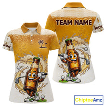 Load image into Gallery viewer, back view of beer bottle golfer design on womens beer golf polo shirt