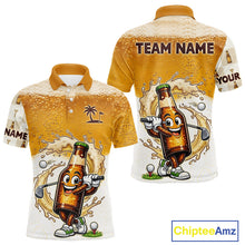 Load image into Gallery viewer, Custom beer golf polo shirt with beer bottle golfer and team name - back view