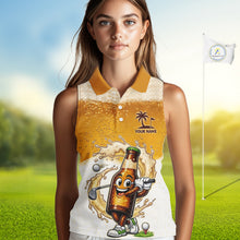 Load image into Gallery viewer, female golfer wearing womens funny beer sleeveless golf polo shirt 