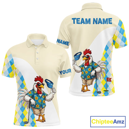 Funny rooster Hawaiian mens golf polo shirt with argyle pattern - back view