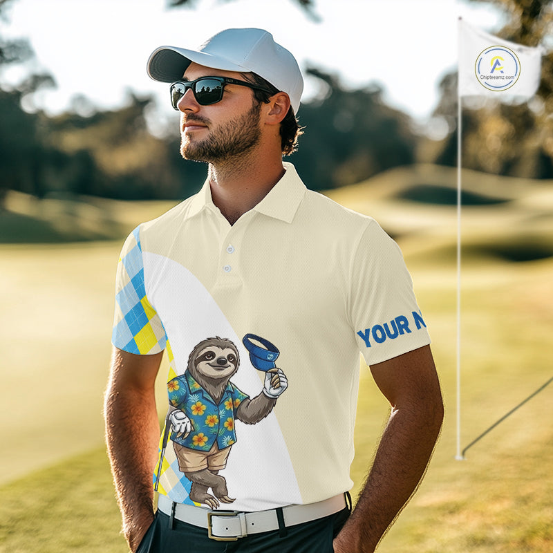 Men golfer wearing funny rooster American flag custom golf shirt on the golf course
