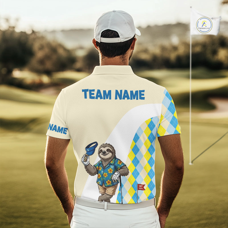 Sloth Hawaiian and argyle pattern detail on mens golf polo shirt