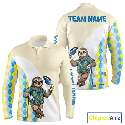 Funny sloth Hawaiian mens long sleeve golf polo shirt with argyle pattern - front view
